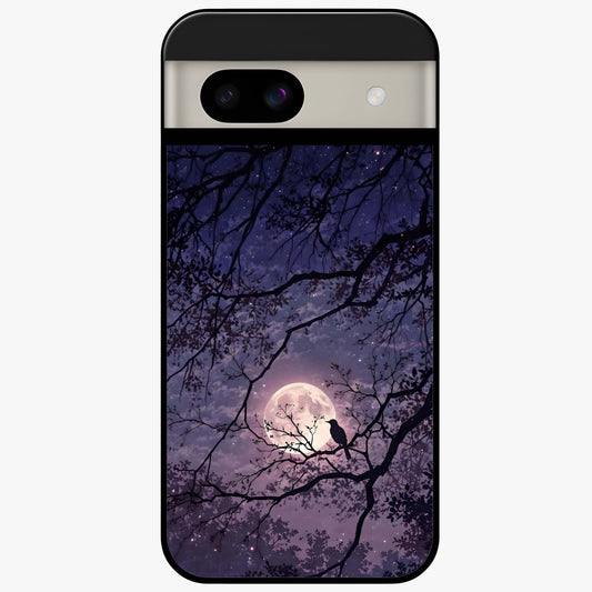Whispering Moon Silence Glass Case showing flat back view with serene moon themed artwork and glossy glass finish.