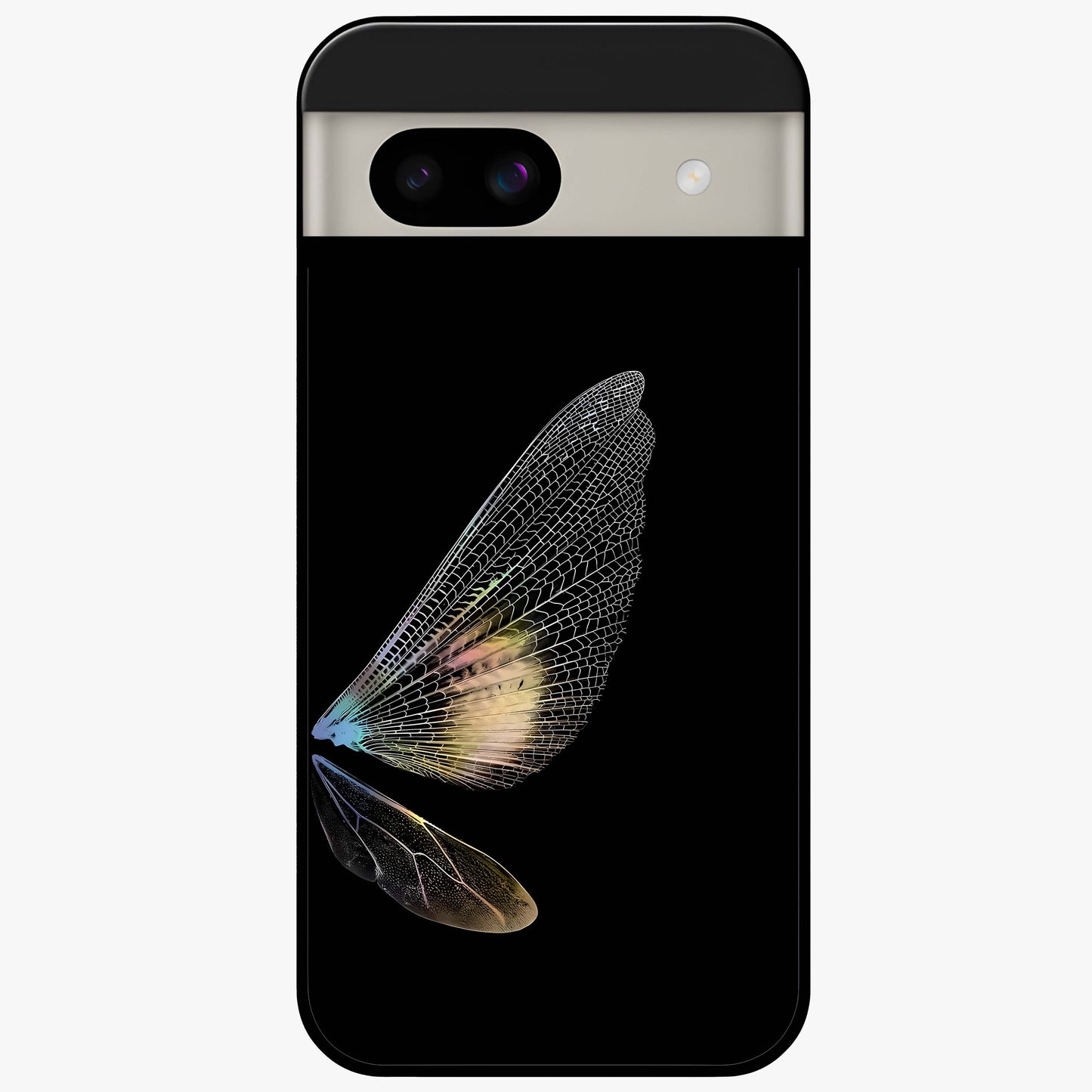 Whispers Of Wings Glass Case showing flat back view with graceful wing inspired artwork and glossy glass finish.