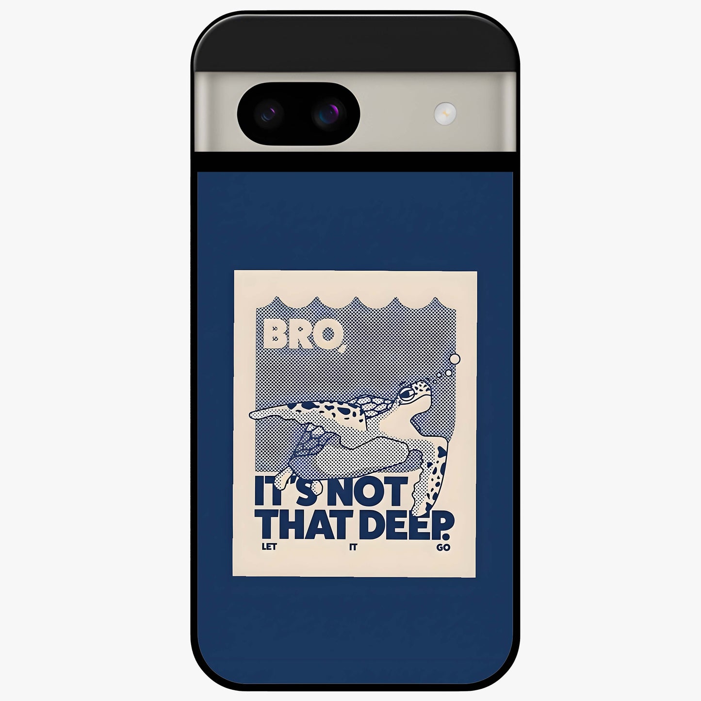 Worry Less Swim Glass Case showing flat back view with playful motivational artwork and glossy glass finish.