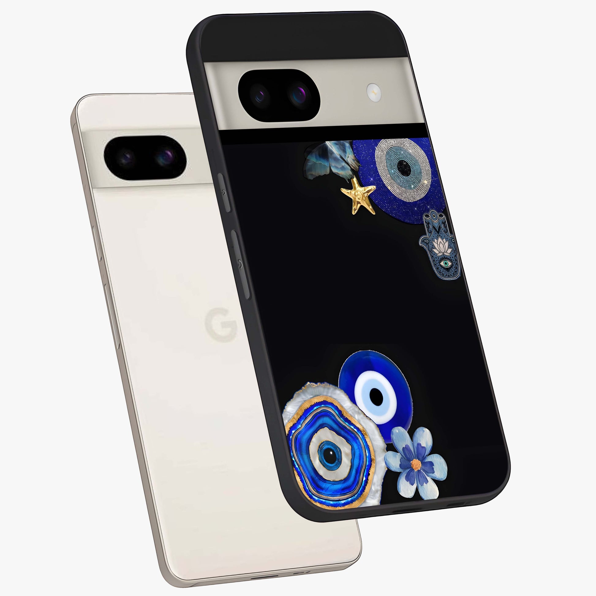 Aesthetic Blue Evil Eye Glass Case displayed in angled mockup highlighting blue evil eye symbol and spiritual aesthetic design.