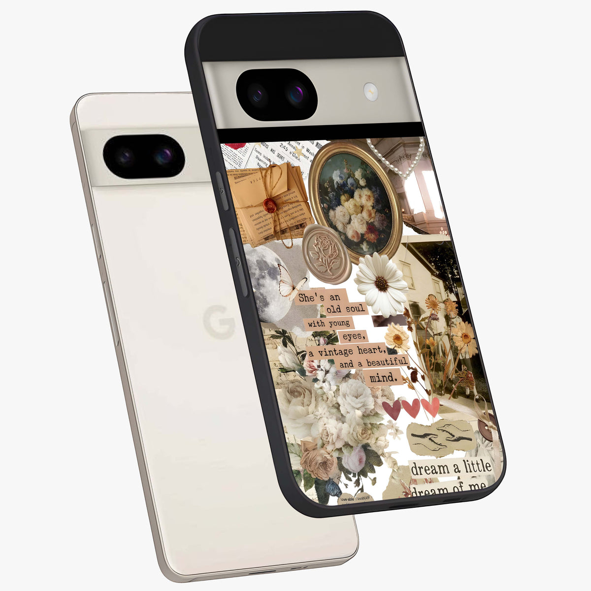 Aesthetic Brown Vintage Collage Glass Case displayed in angled mockup highlighting vintage aesthetic collage design.