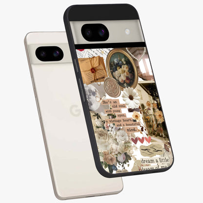 Aesthetic Brown Vintage Collage Glass Case displayed in angled mockup highlighting vintage aesthetic collage design.