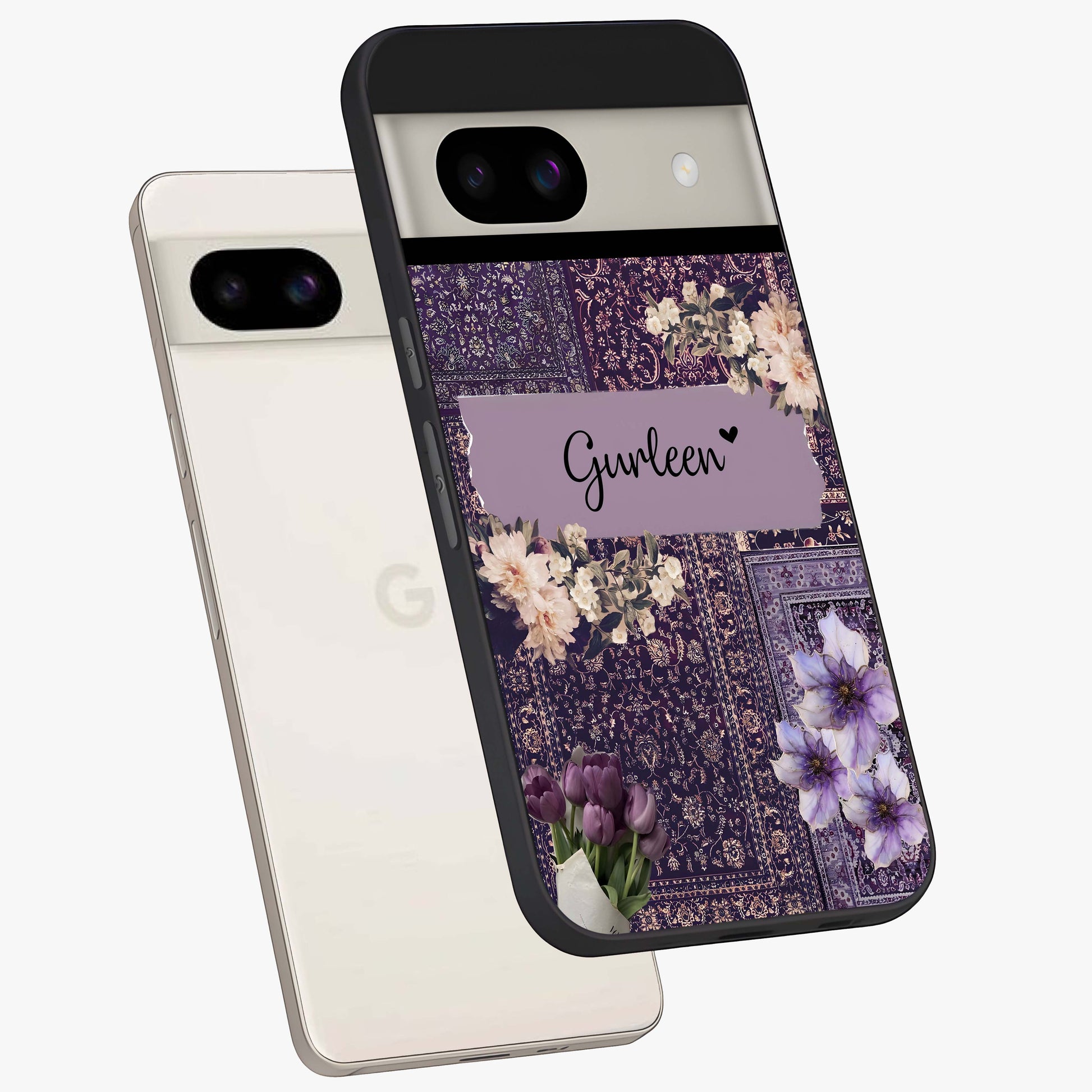 Antique Floral Whisper Custom Name Glass Case displayed in angled mockup highlighting elegant antique floral aesthetic.