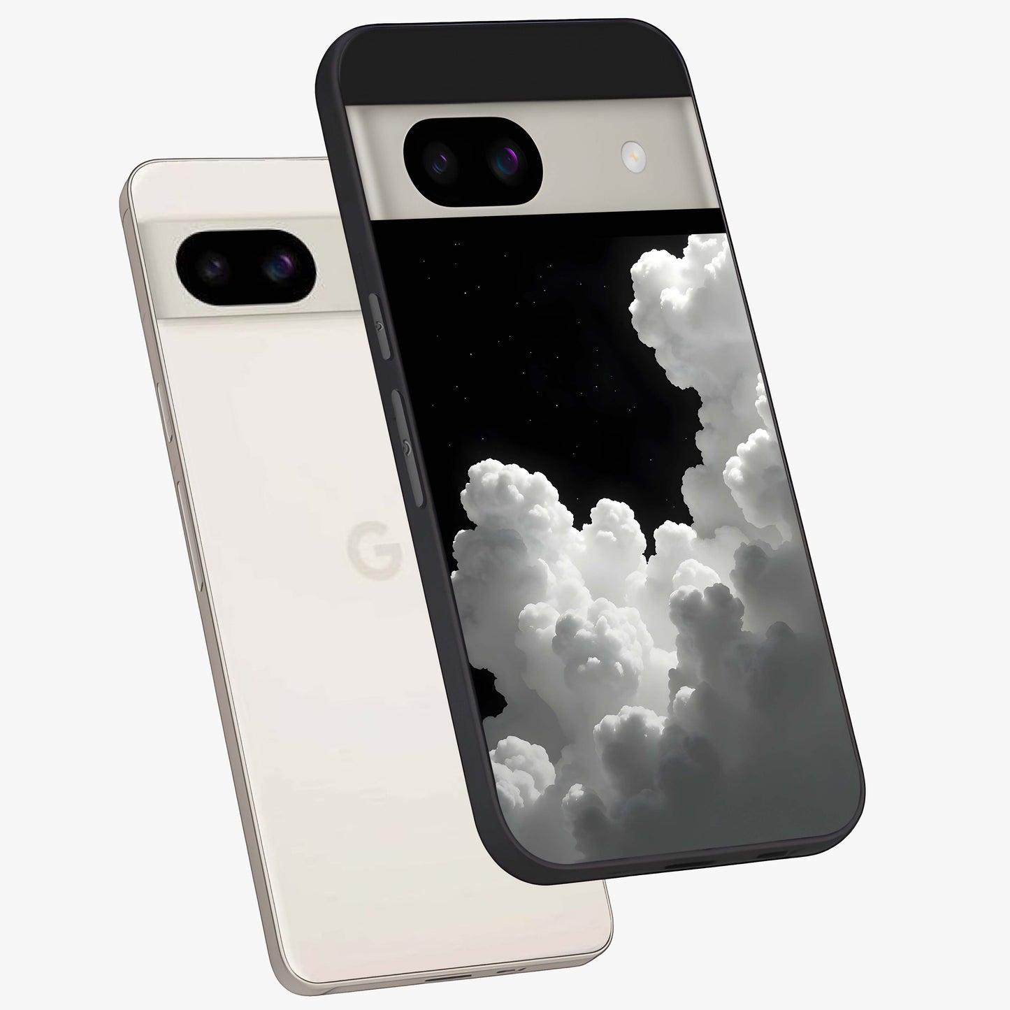Black Background With White Cloud Glass Case displayed in angled mockup highlighting soft white cloud illustration and minimal design.