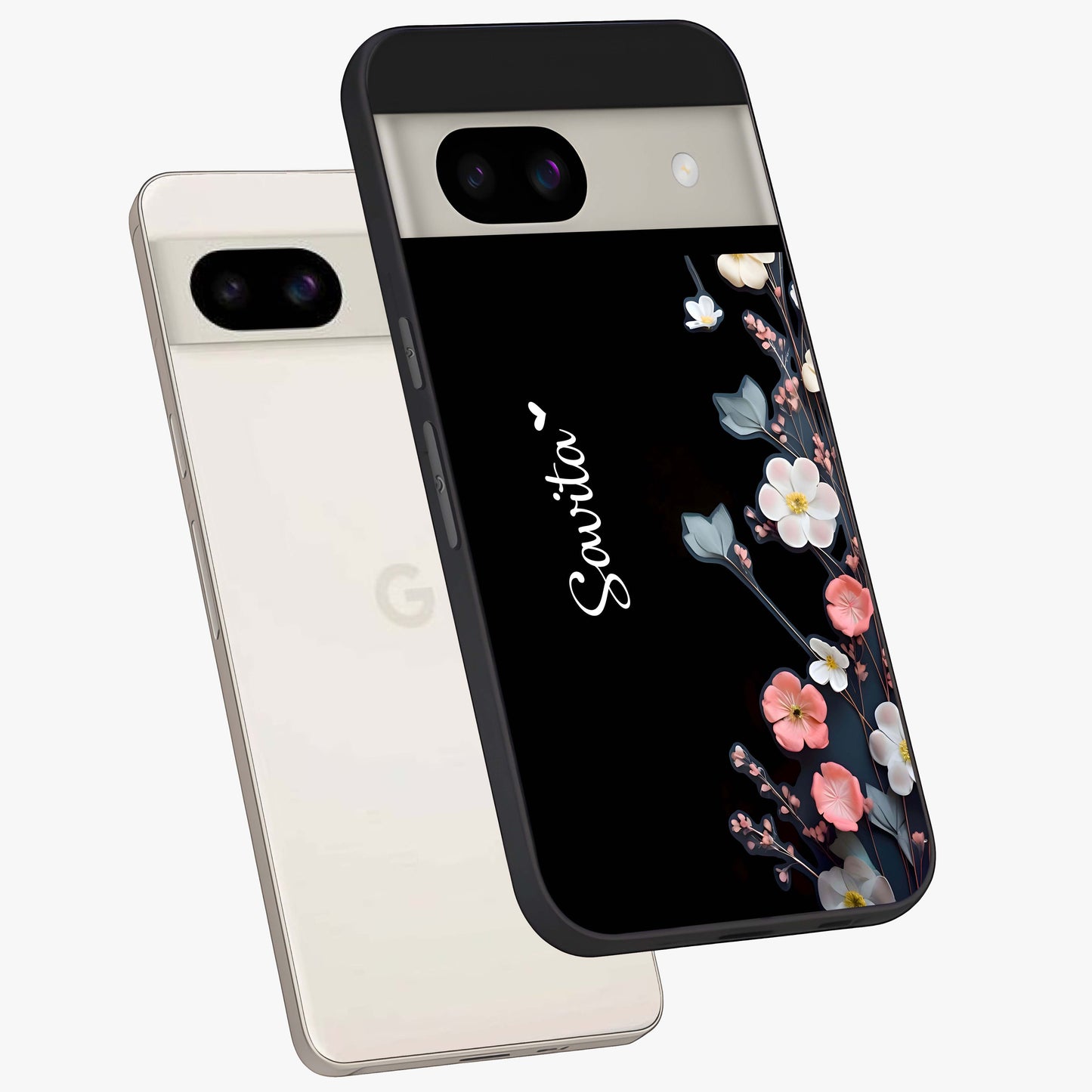Black Elegance Floral Custom Name Glass Case displayed in angled mockup highlighting dark floral aesthetic and custom name feature.