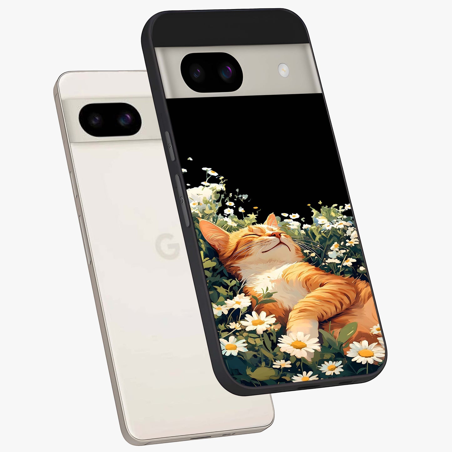Blissful Bloom Cat Glass Case displayed in angled mockup highlighting playful feline illustration with soft floral aesthetic.