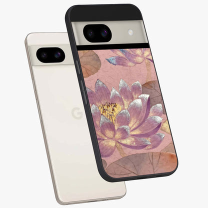 Blossom Mist Lotus Glass Case displayed in angled mockup highlighting delicate lotus illustration with calm aesthetic theme.