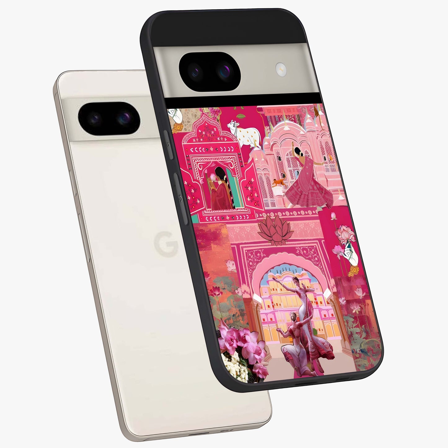 Blossoms of Rajasthan Glass Case displayed in angled mockup highlighting vibrant floral pattern with cultural aesthetic style.