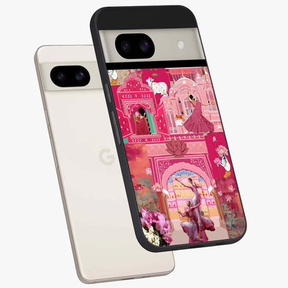 Blossoms of Rajasthan Glass Case displayed in angled mockup highlighting vibrant floral pattern with cultural aesthetic style.