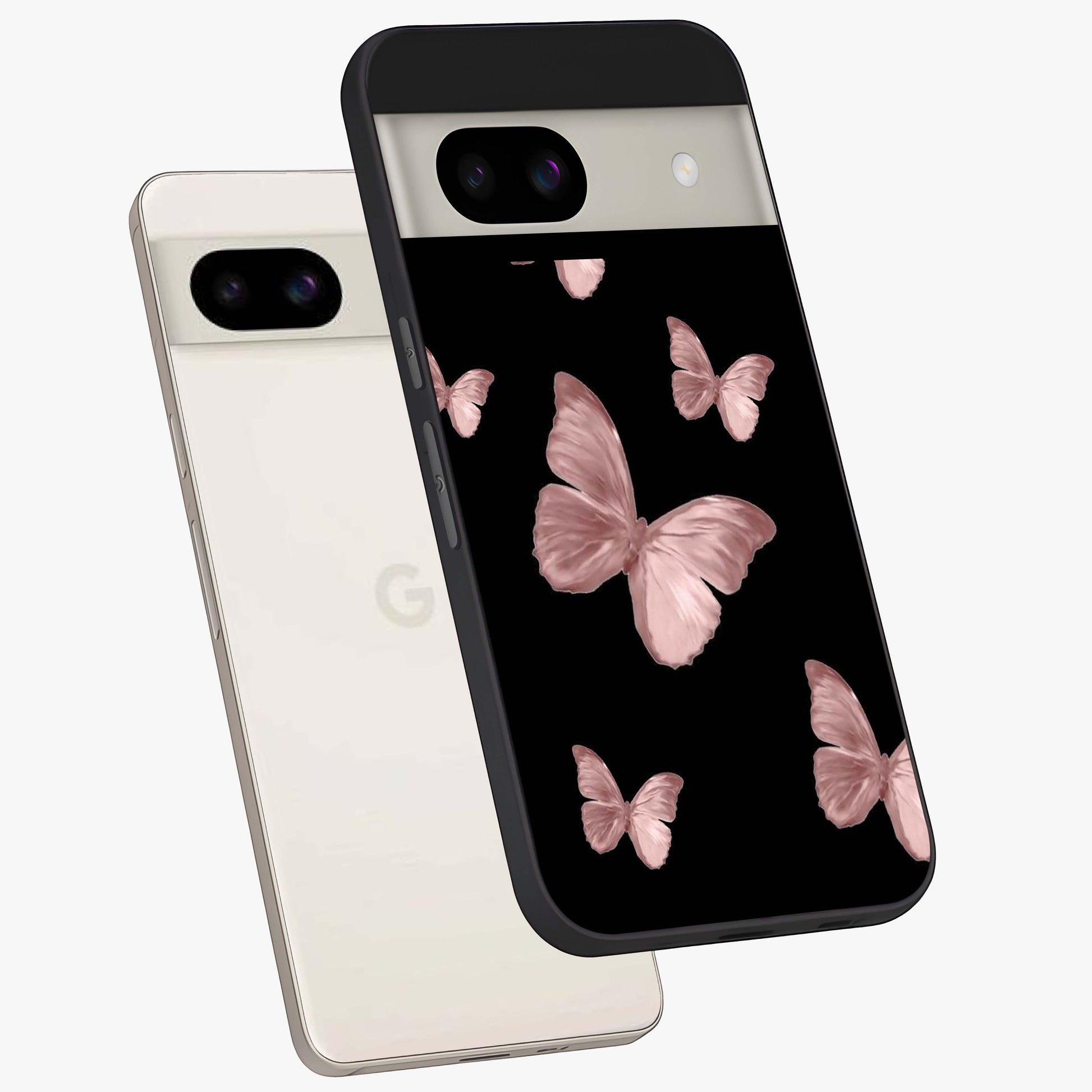Butterfly Pattern Glass Case displayed in angled mockup highlighting delicate butterfly design and aesthetic pattern style.