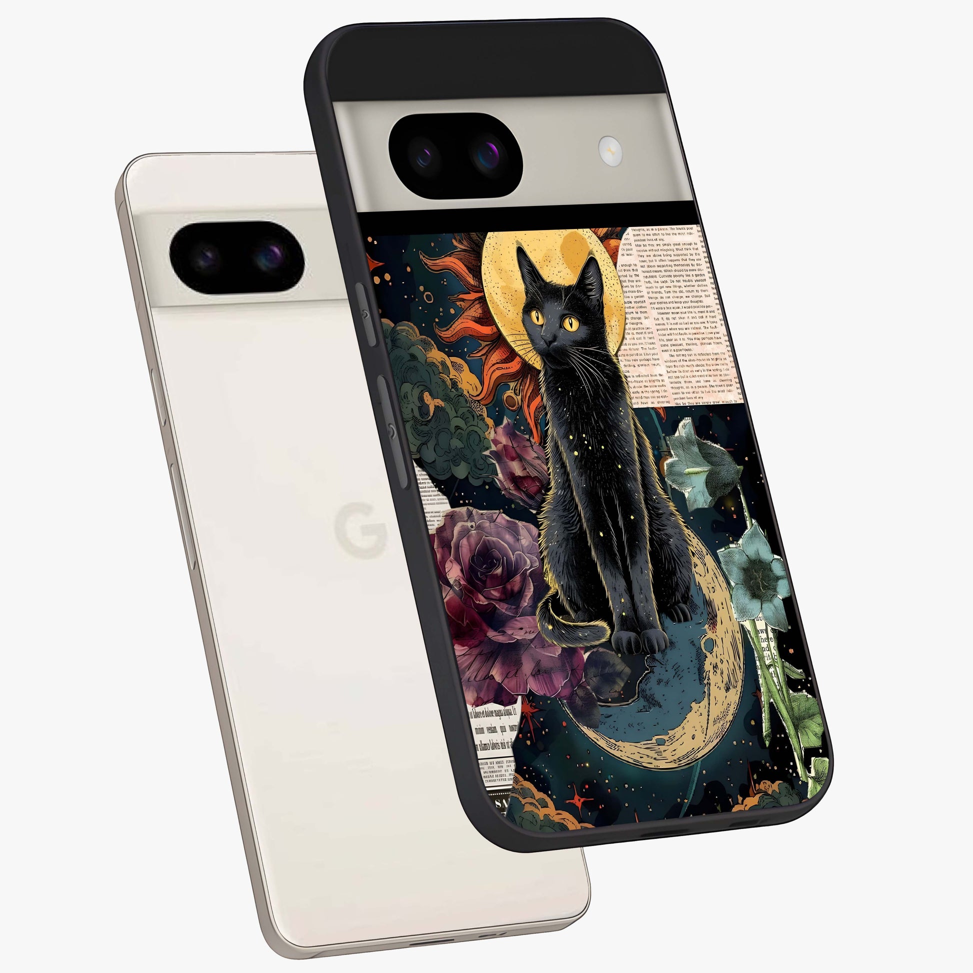 Celestial Black Cat Glass Case displayed in angled mockup highlighting cosmic black cat design with celestial aesthetic.