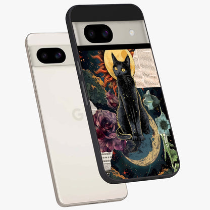 Celestial Black Cat Glass Case displayed in angled mockup highlighting cosmic black cat design with celestial aesthetic.