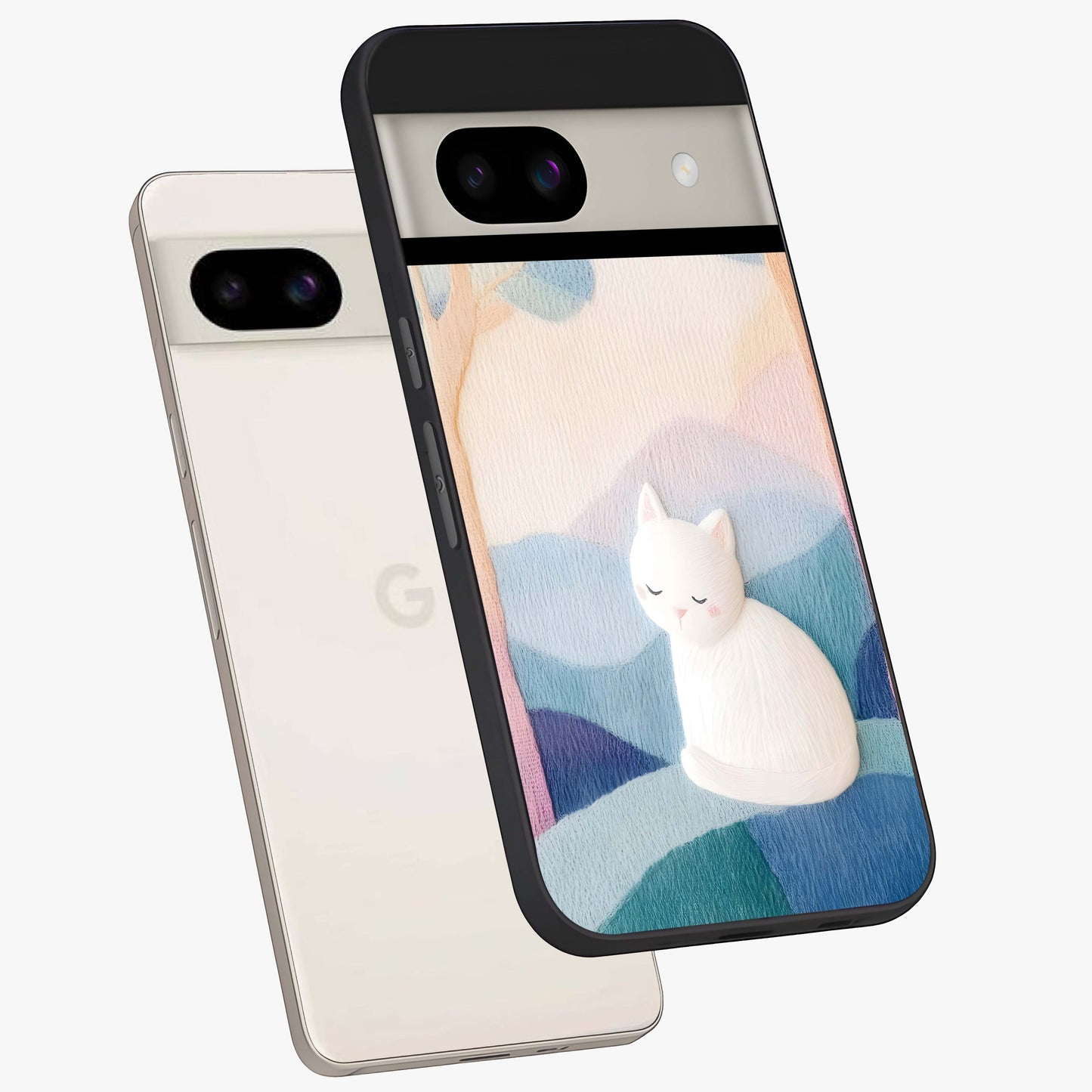 Cotton Dream Cat Glass Case displayed in angled mockup highlighting cute feline illustration with pastel aesthetic style.