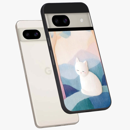 Cotton Dream Cat Glass Case displayed in angled mockup highlighting cute feline illustration with pastel aesthetic style.