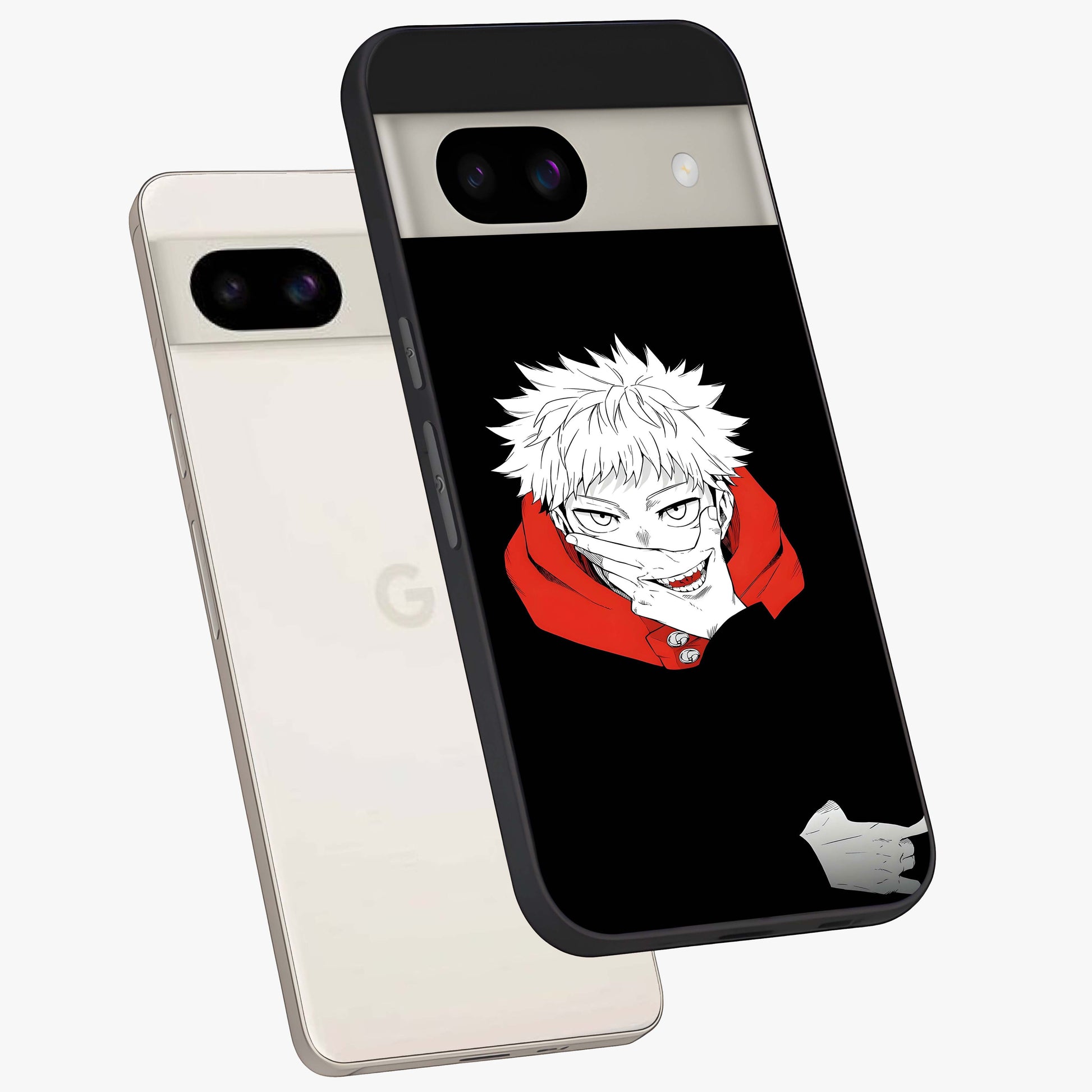 Crimson Chaos Smile Glass Case displayed in angled mockup highlighting edgy crimson smile design with graphic aesthetic.