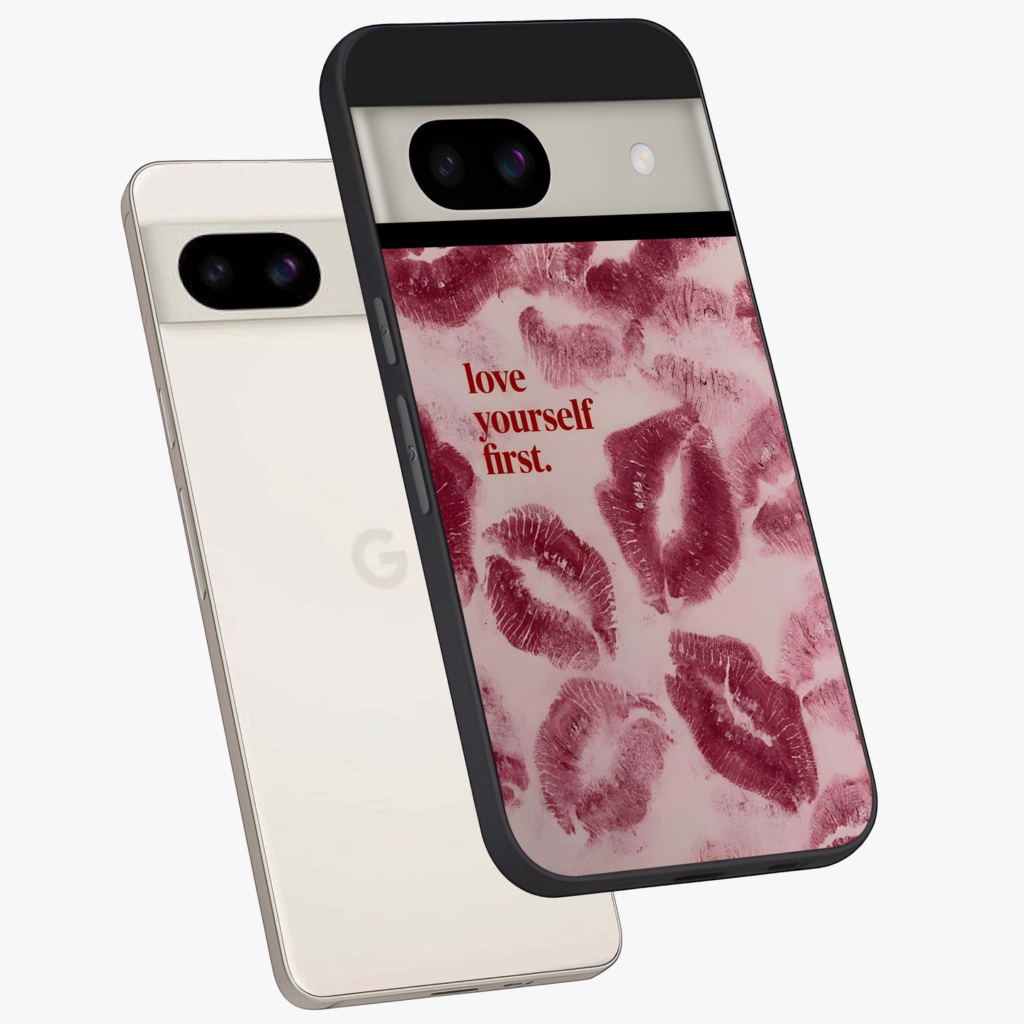 Crimson Kiss Love Glass Case displayed in angled mockup highlighting bold love inspired design with modern aesthetic style.