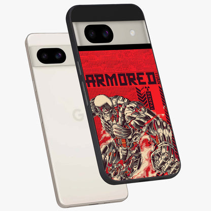 Crimson Mecha Titan Glass Case displayed in angled mockup highlighting futuristic mech illustration with bold crimson aesthetic.