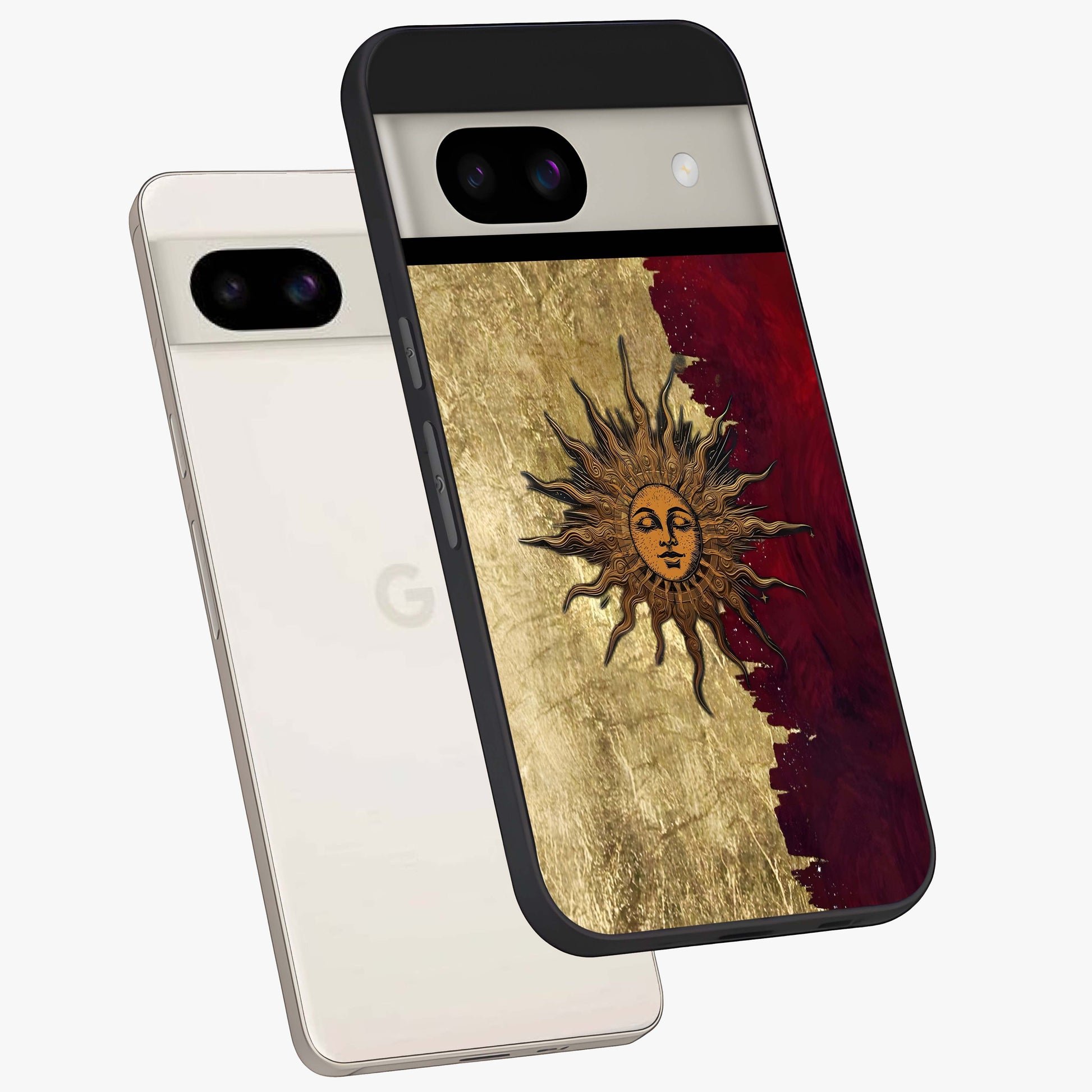 Crimson Sun Majesty Glass Case displayed in angled mockup highlighting majestic crimson sun design with bold aesthetic style.