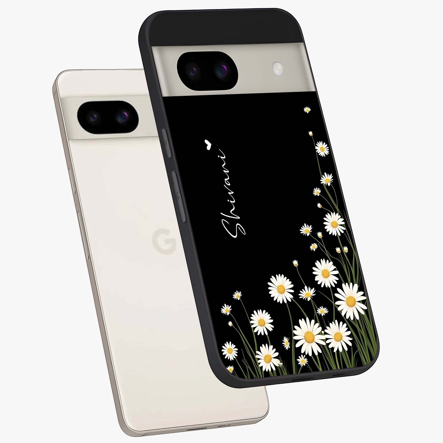 Daisy Cascade Custom Name Glass Case displayed in angled mockup highlighting delicate daisy artwork with custom name feature.