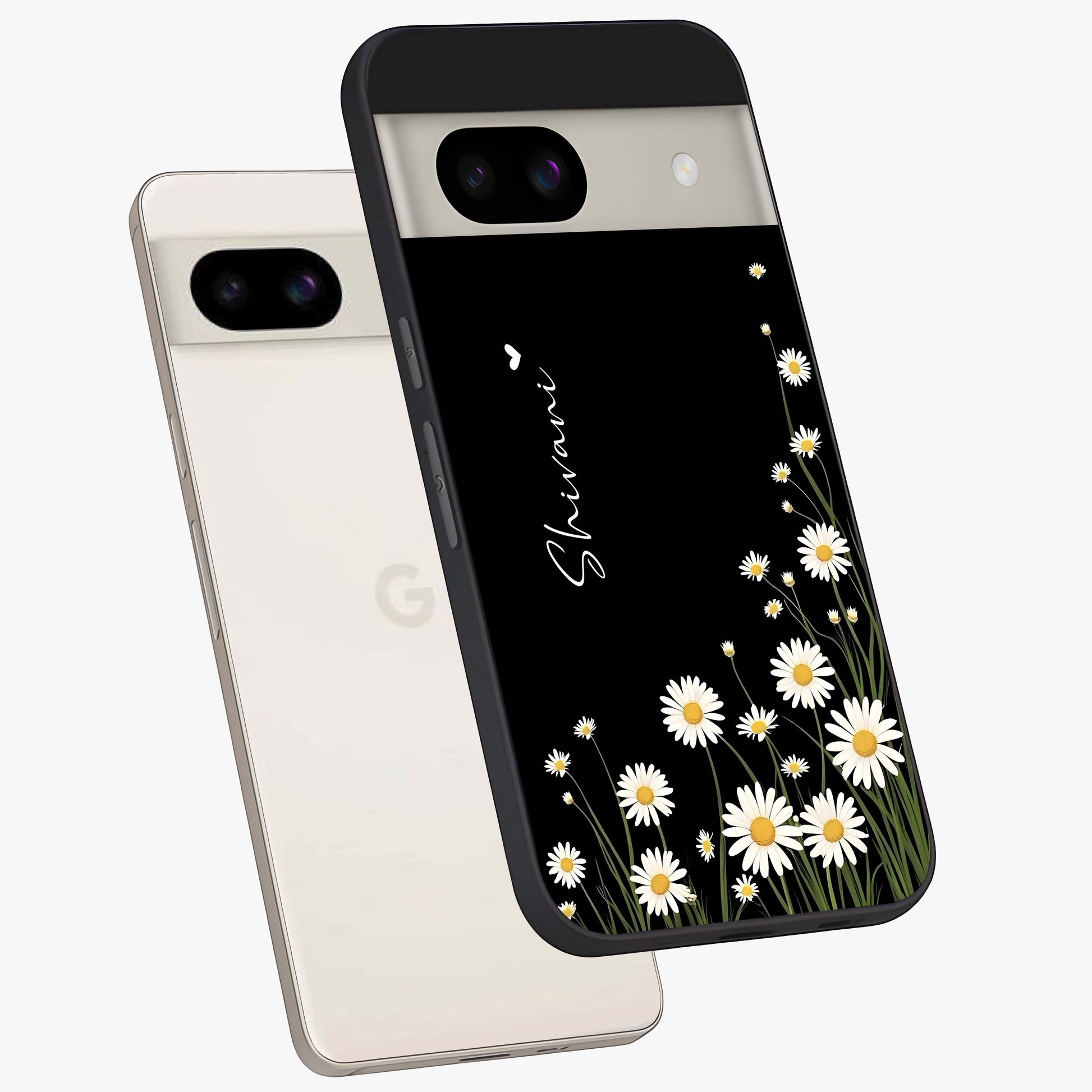 Daisy Cascade Custom Name Glass Case displayed in angled mockup highlighting delicate daisy artwork with custom name feature.