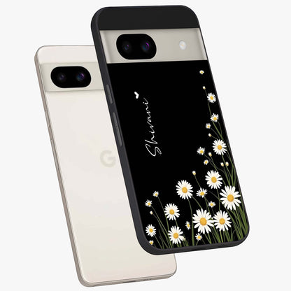 Daisy Cascade Custom Name Glass Case displayed in angled mockup highlighting delicate daisy artwork with custom name feature.