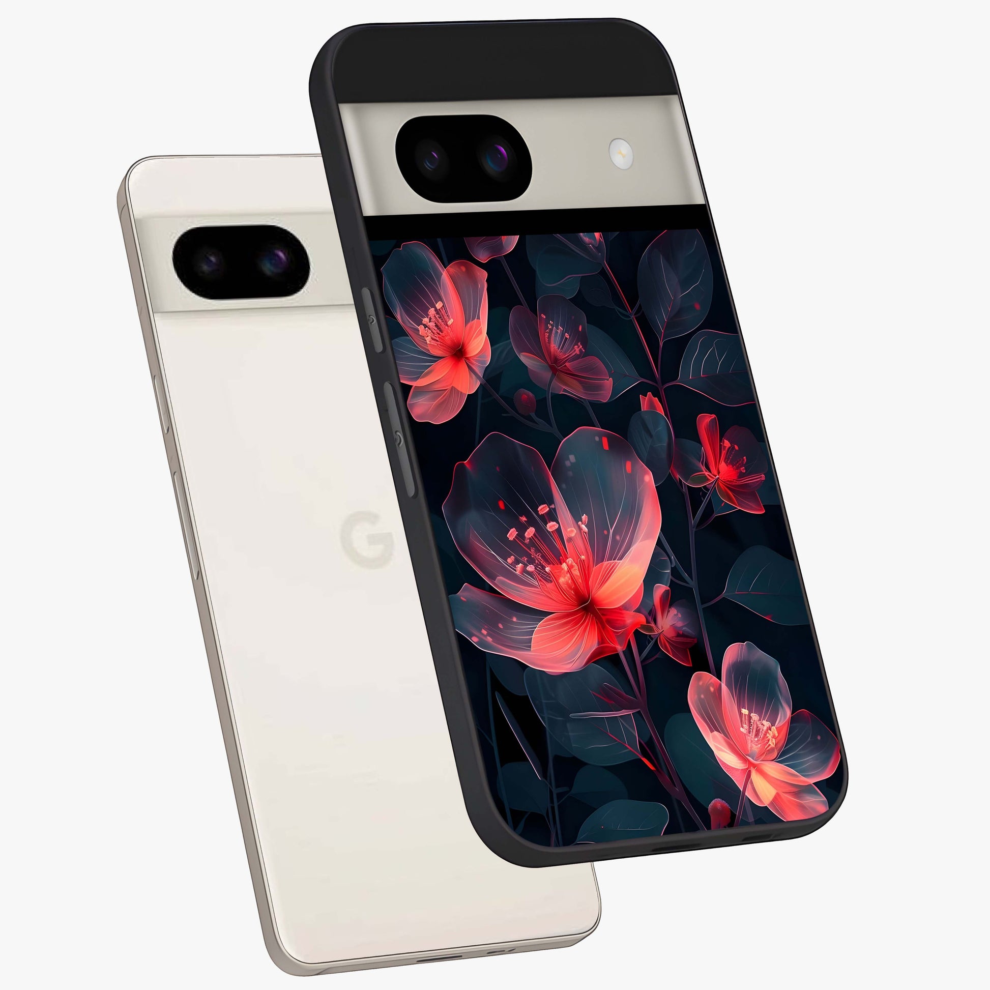 Dark Shade of Flower Glass Case displayed in angled mockup highlighting moody floral illustration with aesthetic dark tones.