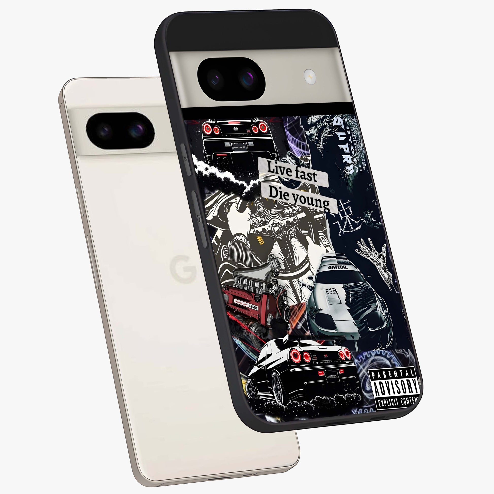Die Young Glass Case displayed in angled mockup highlighting expressive graphic artwork with edgy aesthetic style.