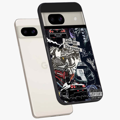 Die Young Glass Case displayed in angled mockup highlighting expressive graphic artwork with edgy aesthetic style.