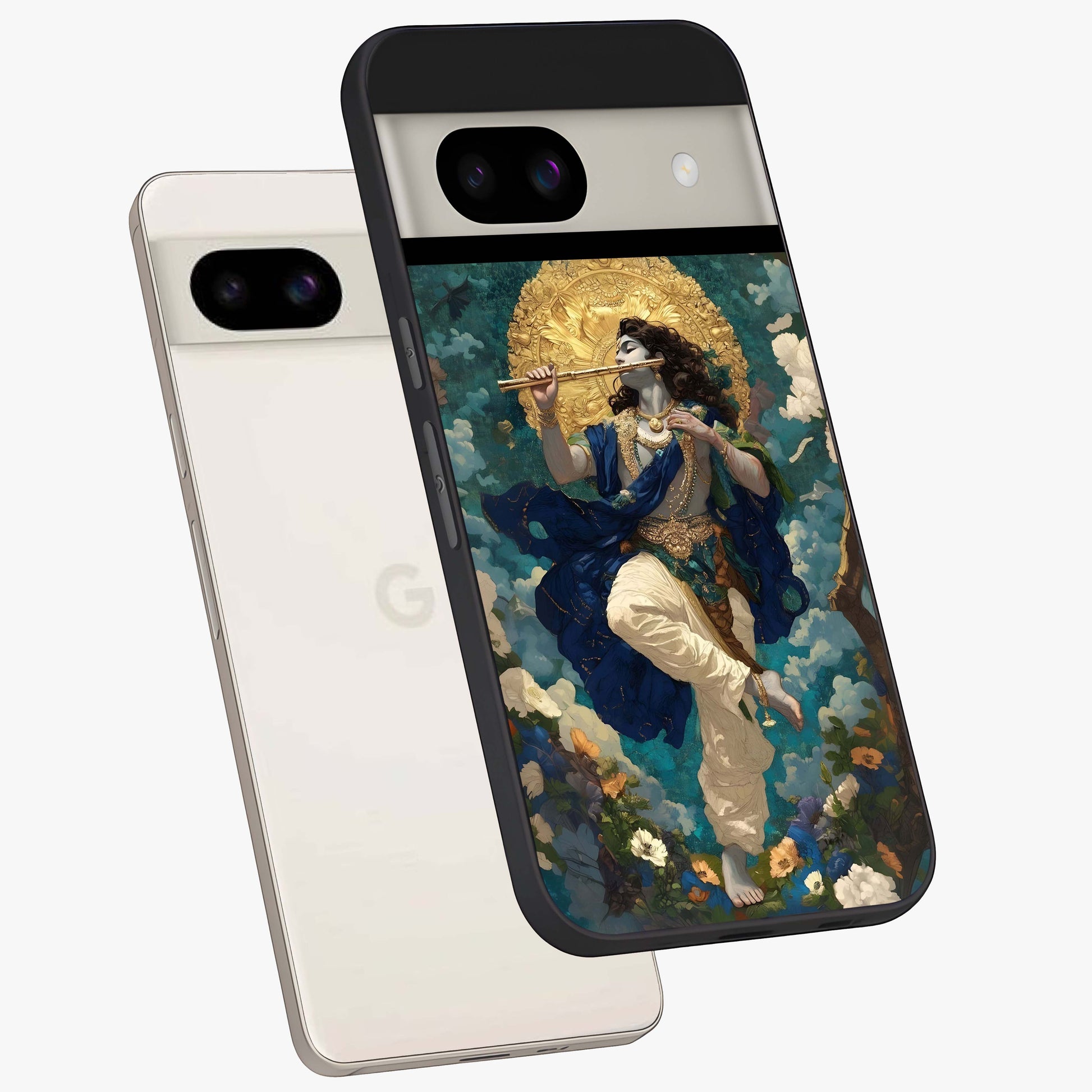 Divine Krishna Art Glass Case displayed in angled mockup highlighting spiritual Krishna illustration with devotional aesthetic.