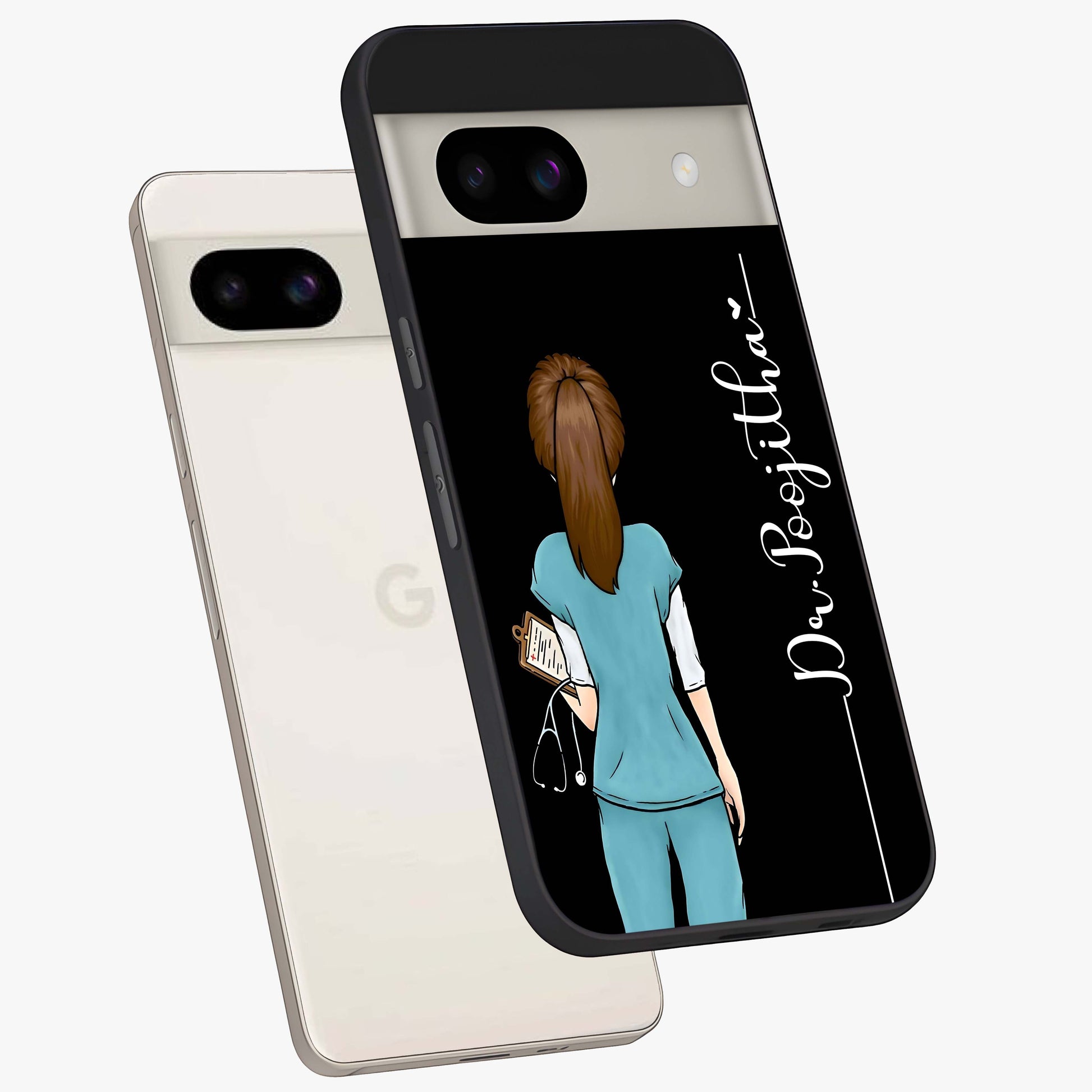 Doctor Pattern Custom Name Glass Case displayed in angled mockup highlighting doctor inspired artwork with custom name feature.