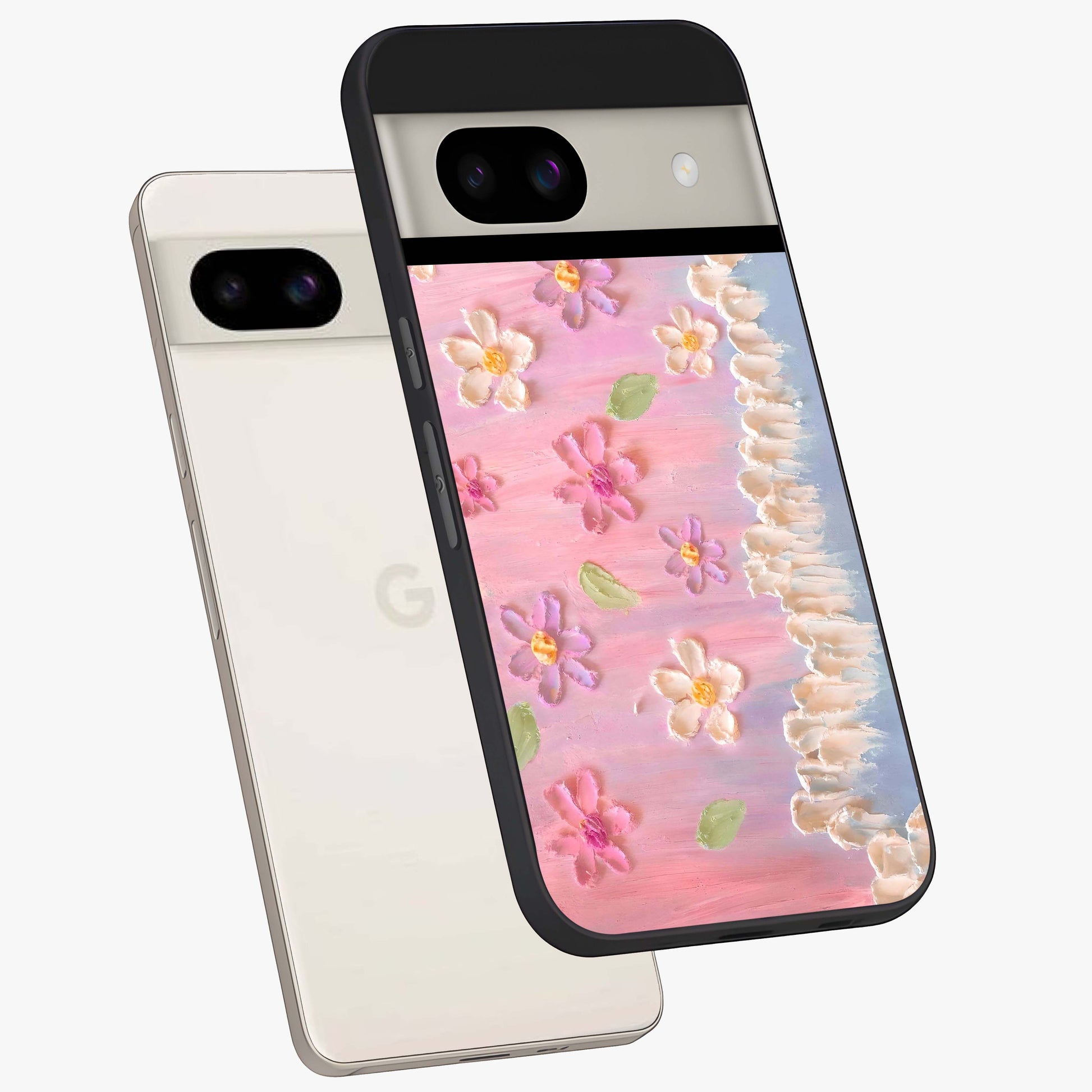 Dreamy Painted Garden Glass Case displayed in angled mockup highlighting colorful garden illustration with dreamy aesthetic style.