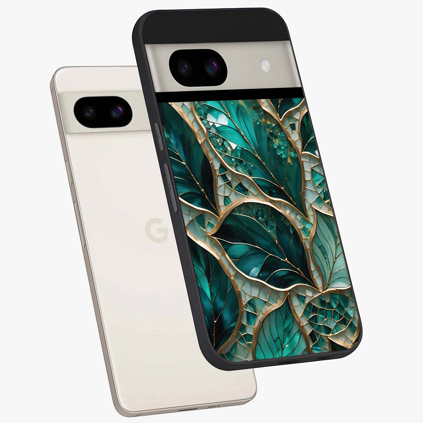 Emerald Leaf Glass Glass Case displayed in angled mockup highlighting botanical leaf illustration with elegant natural aesthetic.