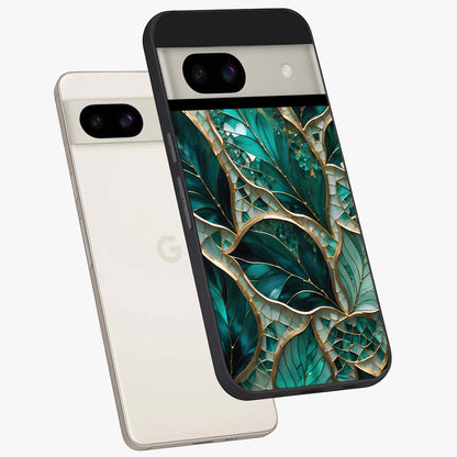 Emerald Leaf Glass Glass Case displayed in angled mockup highlighting botanical leaf illustration with elegant natural aesthetic.