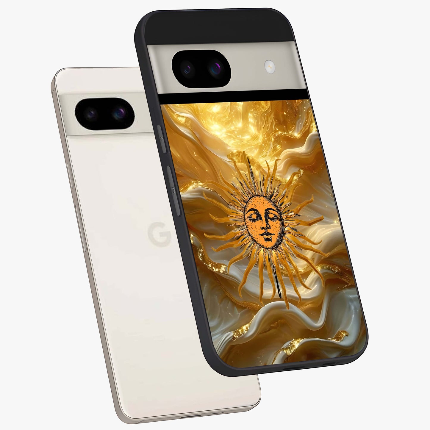 Eternal Golden Glow Glass Case displayed in angled mockup highlighting glowing golden aesthetic design with elegant style.