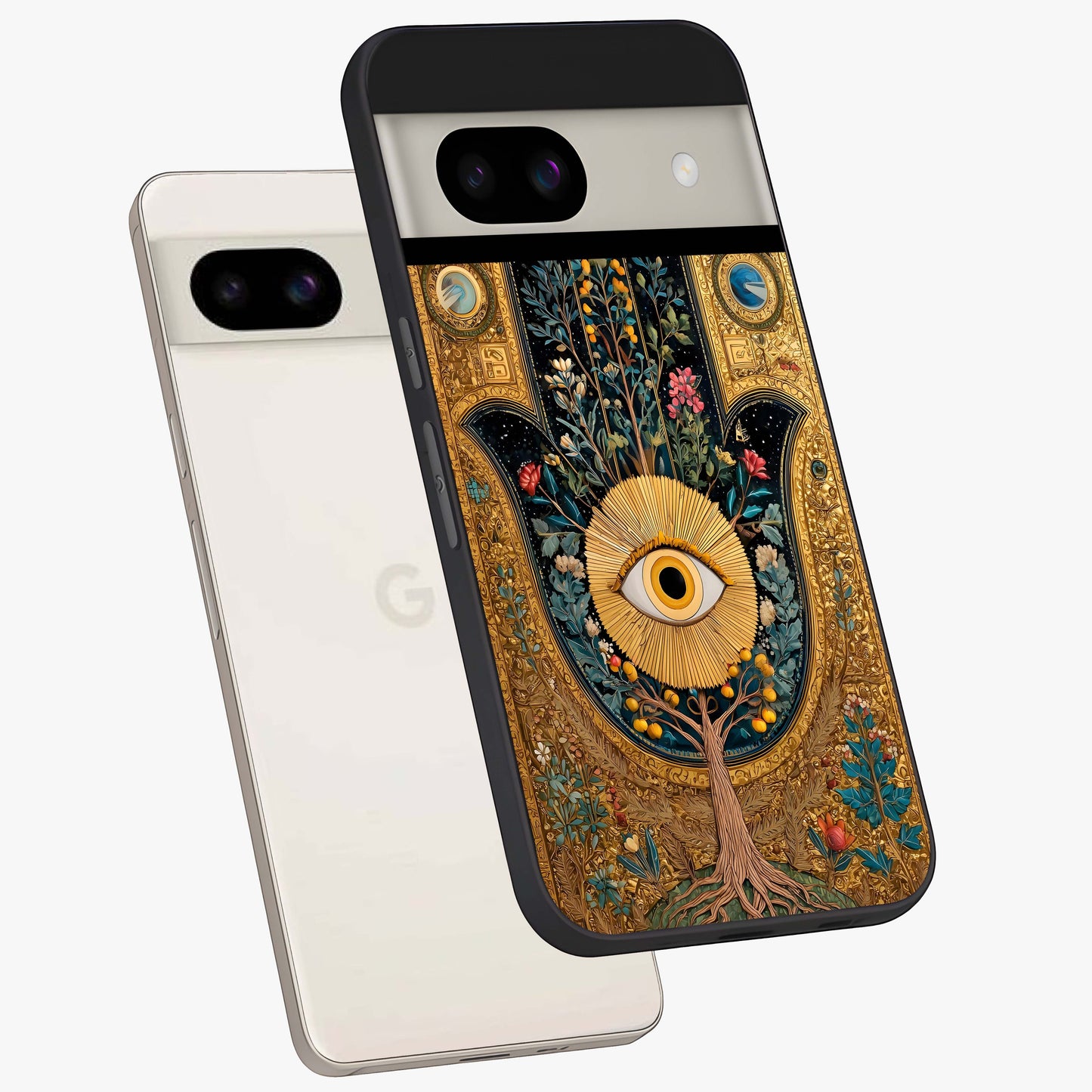 Ethereal Evil Eye Glass Case displayed in angled mockup highlighting protective evil eye symbol with spiritual aesthetic design.