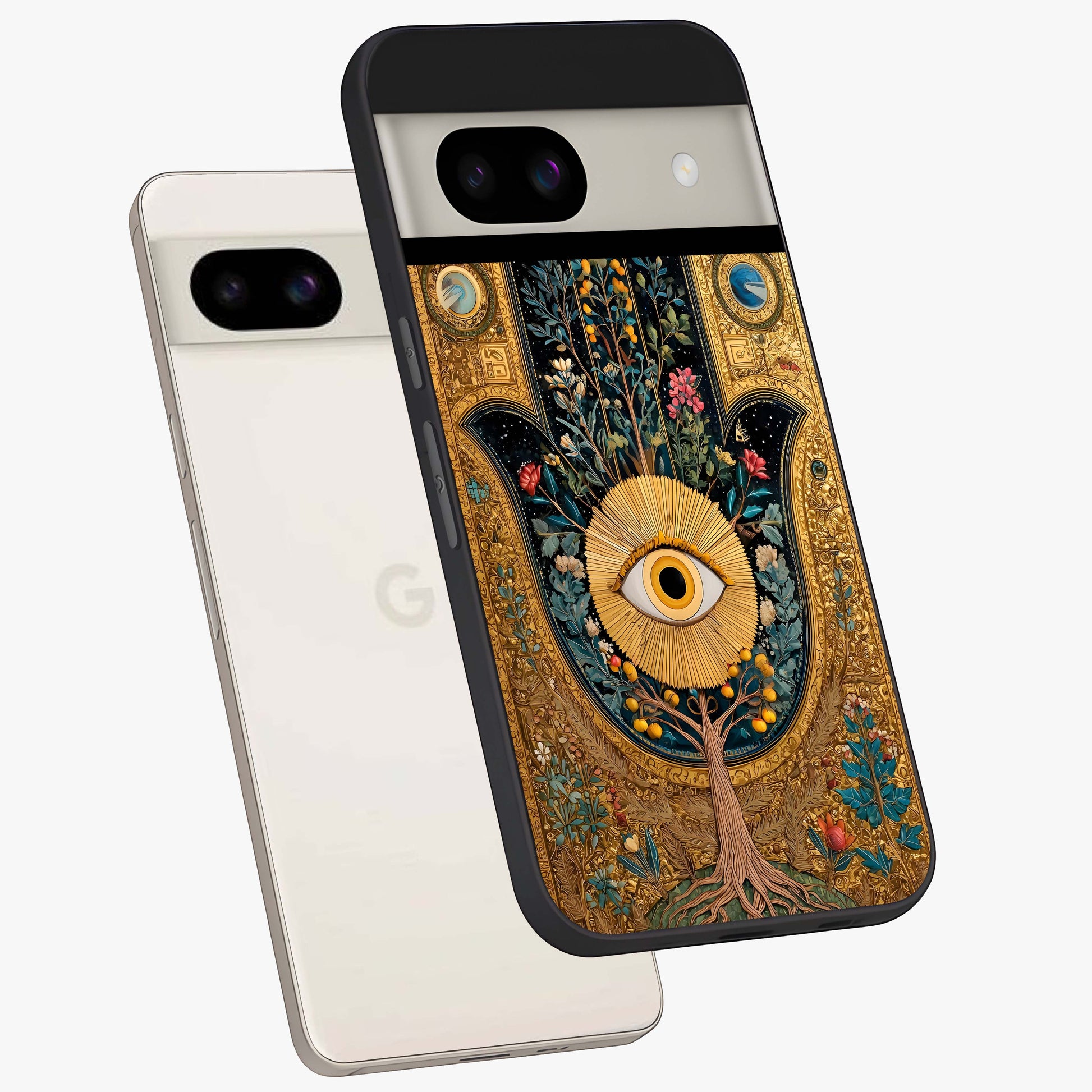 Ethereal Evil Eye Glass Case displayed in angled mockup highlighting protective evil eye symbol with spiritual aesthetic design.