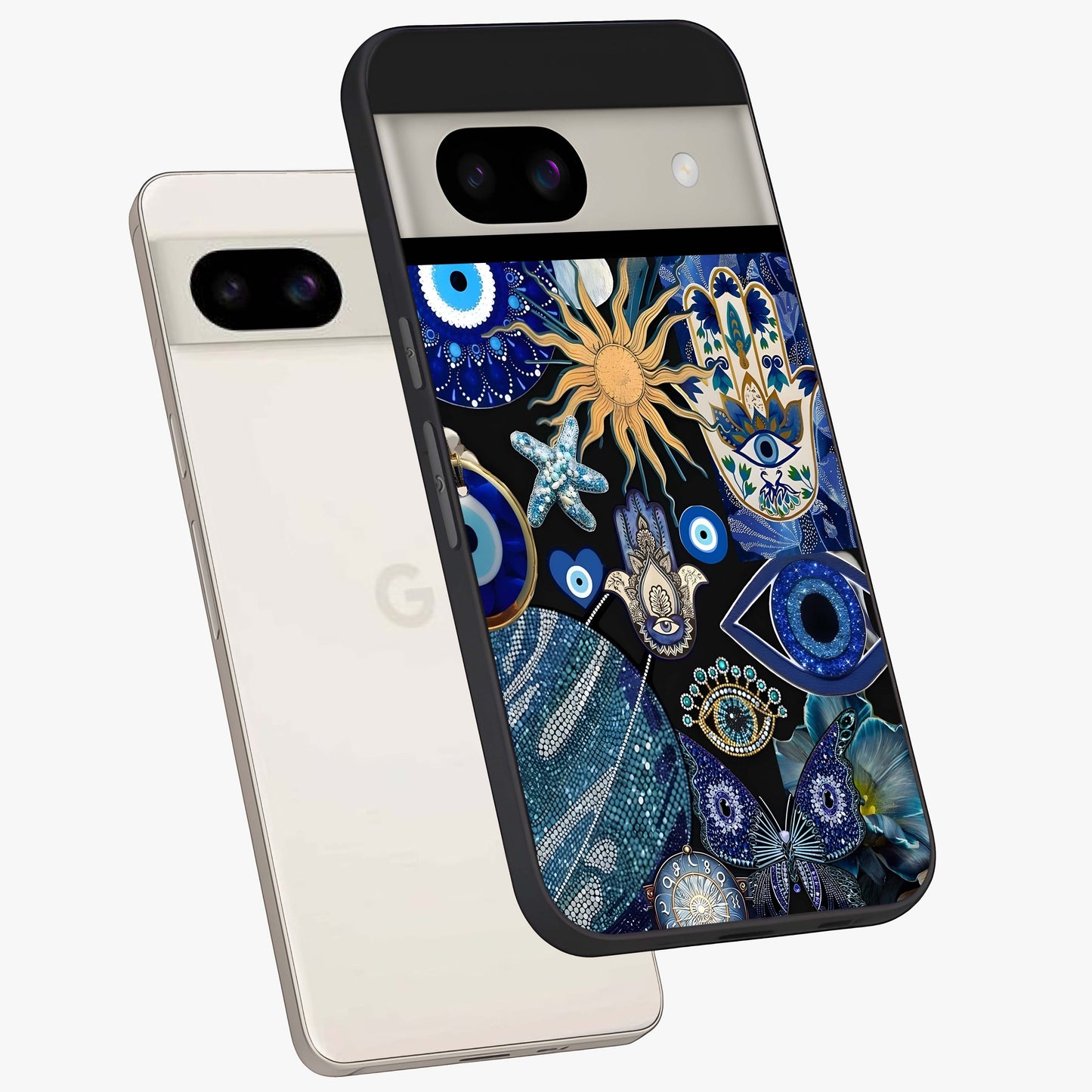 Evil Eye Charm Mix Glass Case displayed in angled mockup highlighting protective evil eye symbols with spiritual aesthetic design.