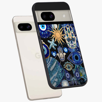 Evil Eye Charm Mix Glass Case displayed in angled mockup highlighting protective evil eye symbols with spiritual aesthetic design.