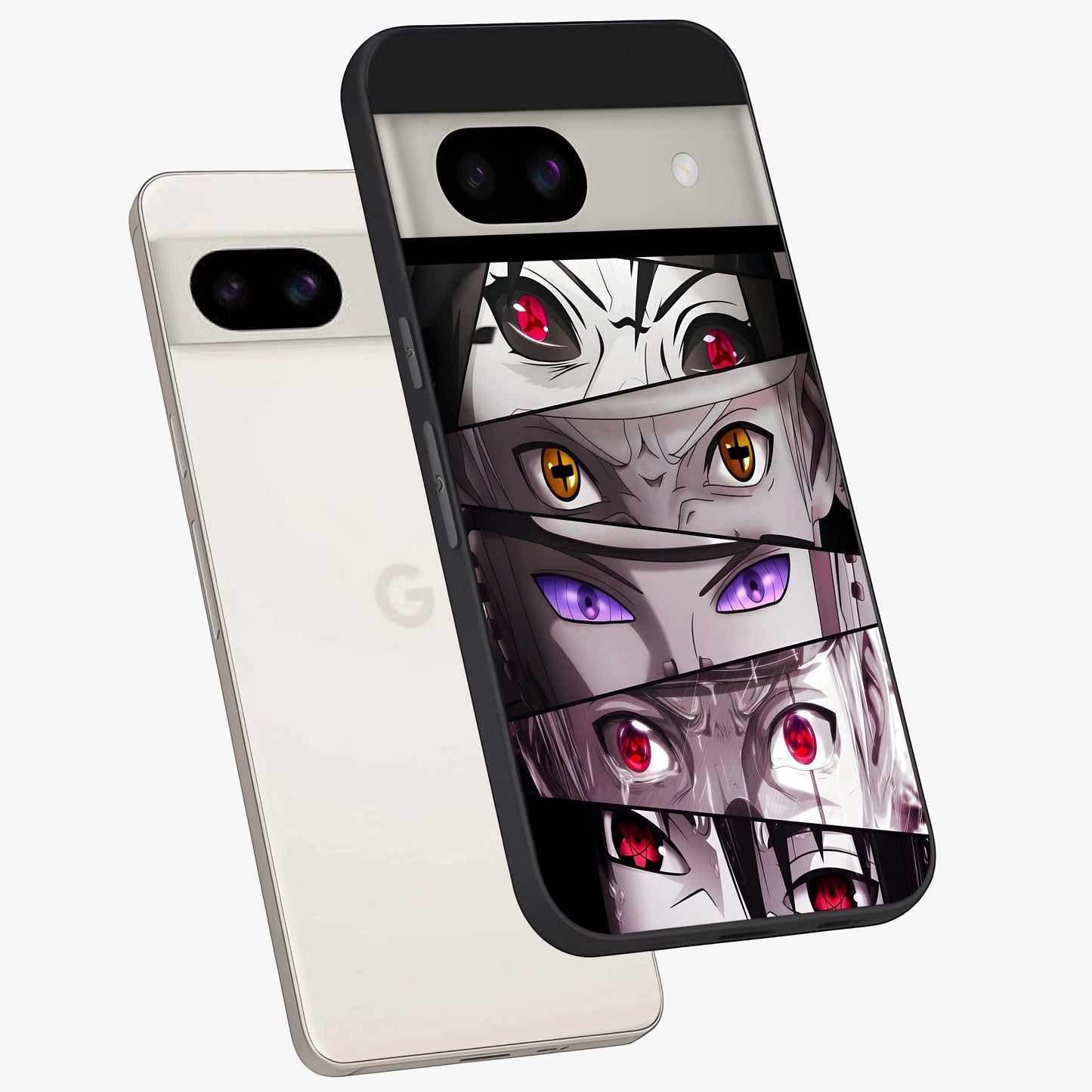 Eyes of Destiny Glass Case displayed in angled mockup highlighting bold eye illustration with mystical aesthetic style.