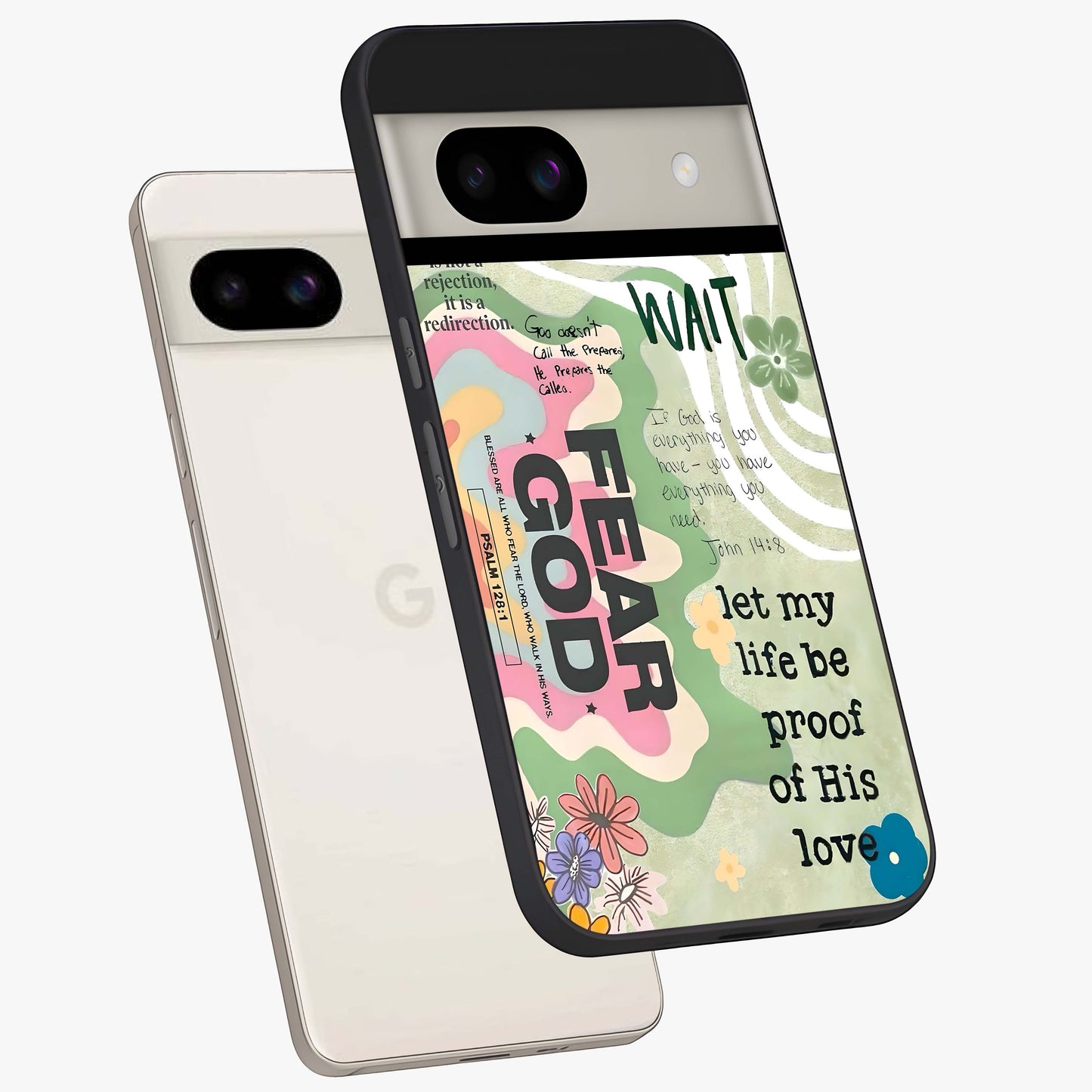 Faith Over Fear Glass Case displayed in angled mockup highlighting inspirational message design with modern aesthetic style.