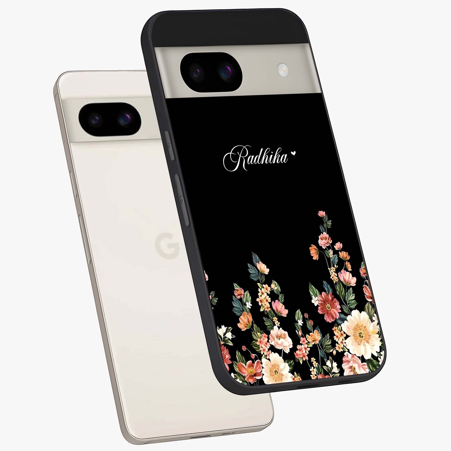 Floral Design With a Custom Personalized Name Glass Case displayed in angled mockup highlighting elegant floral pattern with custom name feature.