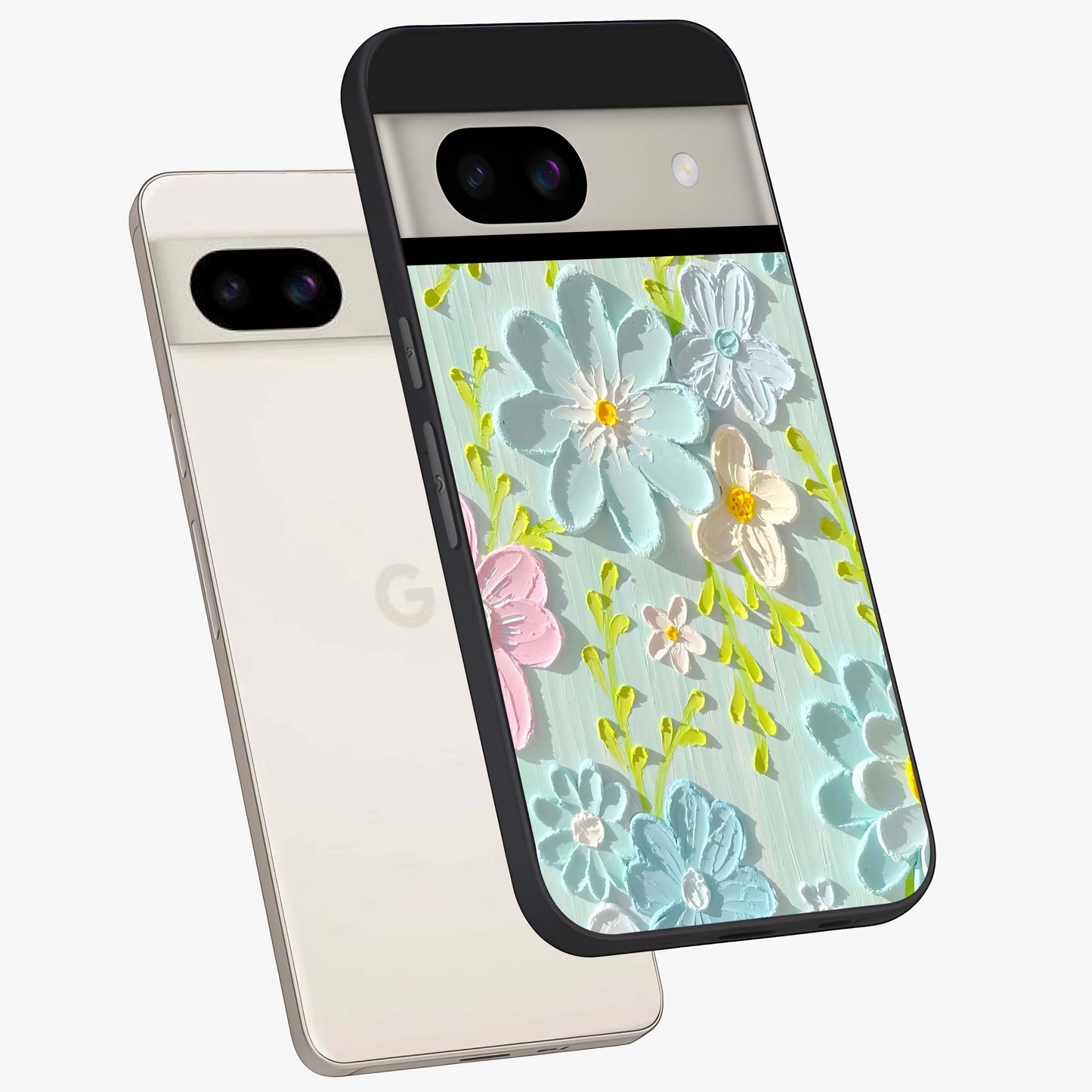 Frosted Petal Garden Glass Case displayed in angled mockup highlighting delicate flower petal design with calm garden aesthetic.