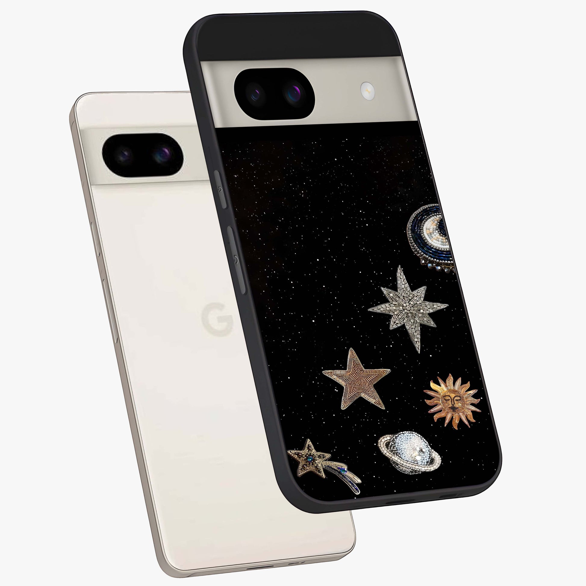Galactic Charm Glow Glass Case displayed in angled mockup highlighting luminous galaxy inspired design with dreamy aesthetic.