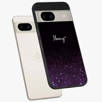Glittery Purple Bokeh Custom Name Glass Case displayed in angled mockup highlighting glitter bokeh pattern with custom name feature.