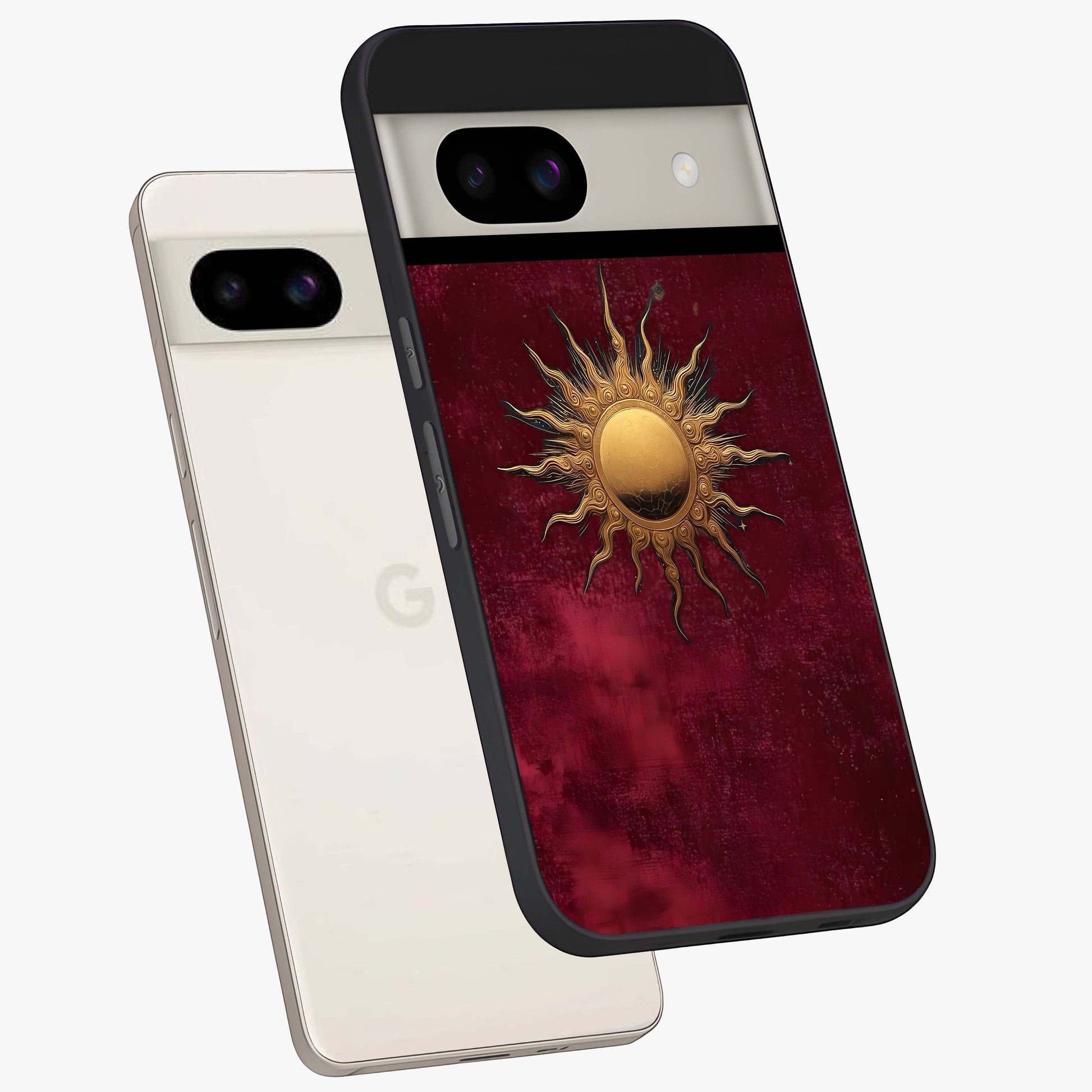 Golden Sun Minimalism Glass Case displayed in angled mockup highlighting clean sun symbol design with modern minimal aesthetic.