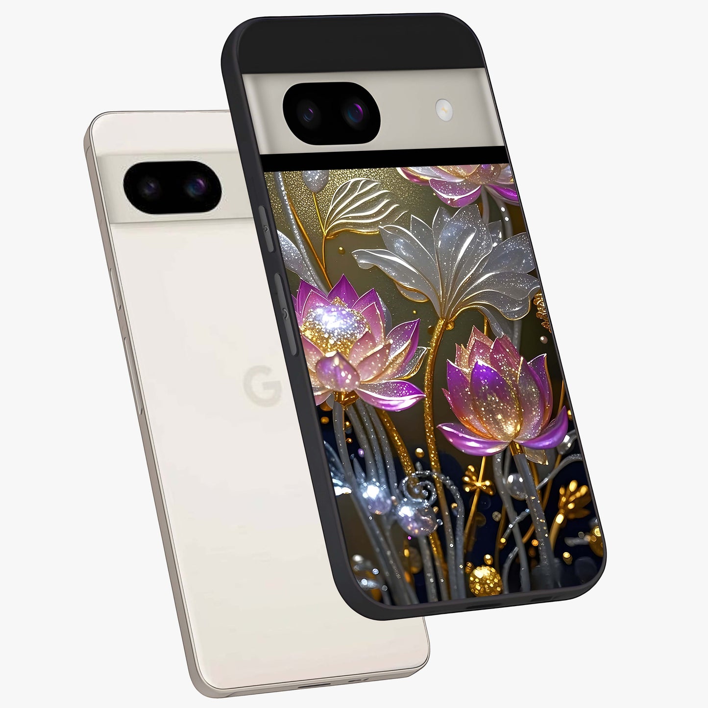 Golden Floral Majesty Glass Case displayed in angled mockup highlighting elegant flower design with royal golden aesthetic.