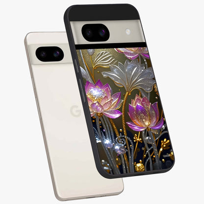 Golden Floral Majesty Glass Case displayed in angled mockup highlighting elegant flower design with royal golden aesthetic.