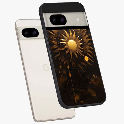 Golden Sun Majesty Glass Case displayed in angled mockup highlighting eerie shadow illustration with gothic aesthetic.