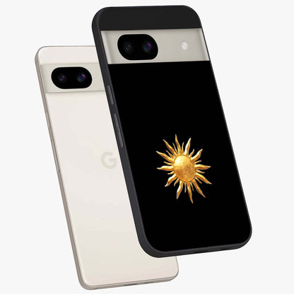 Golden Sun Minimalism Glass Case displayed in angled mockup highlighting eerie shadow illustration with gothic aesthetic.