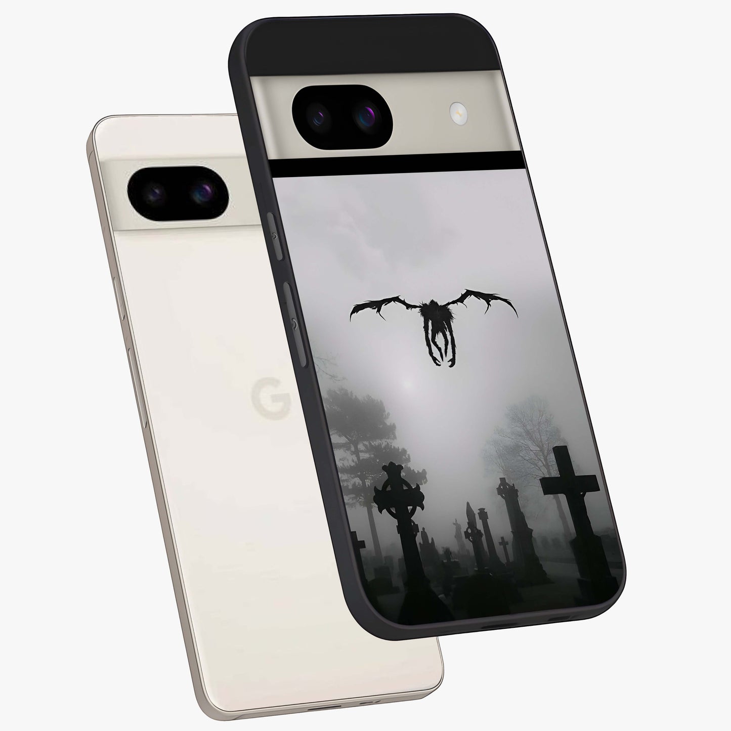 Graveyard Shadow Descent Glass Case displayed in angled mockup highlighting eerie shadow illustration with gothic aesthetic.